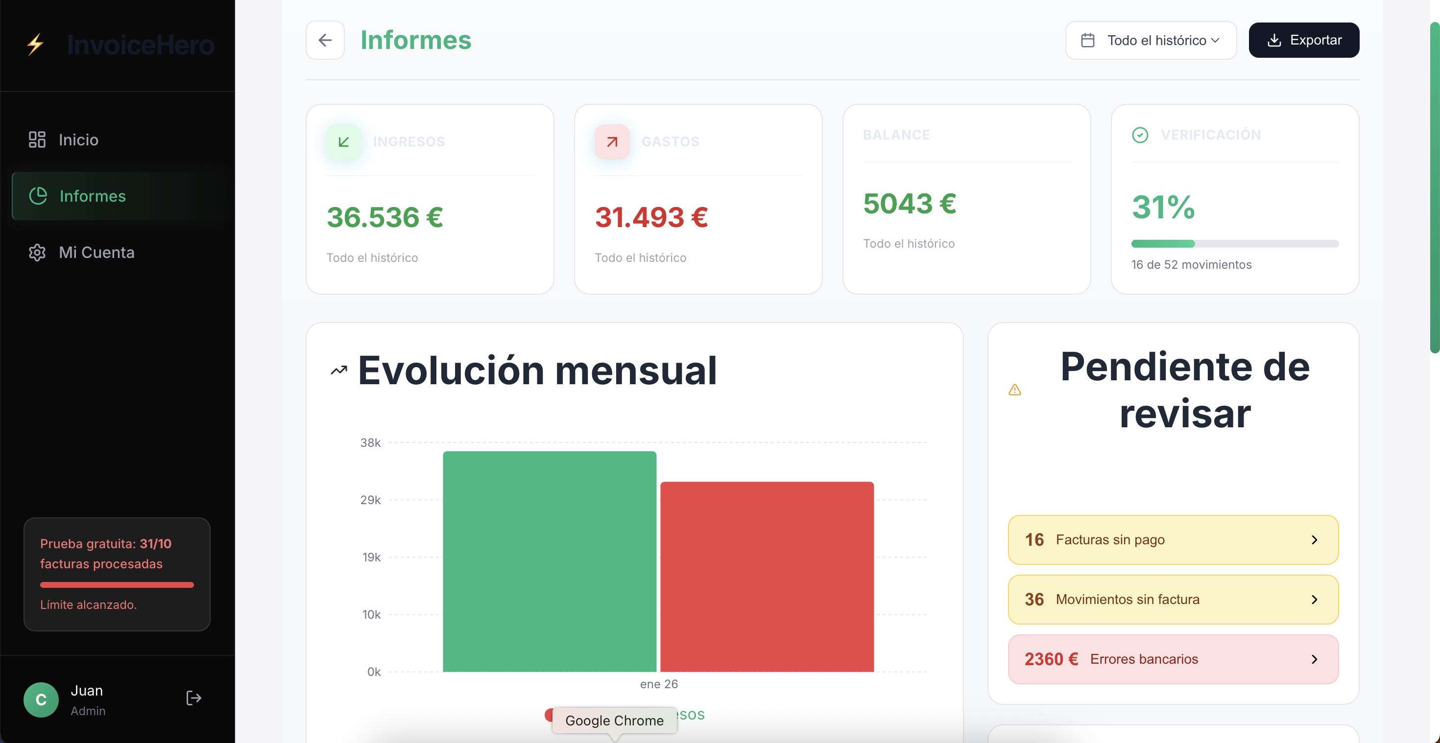 InvoiceHero — dashboard de informes